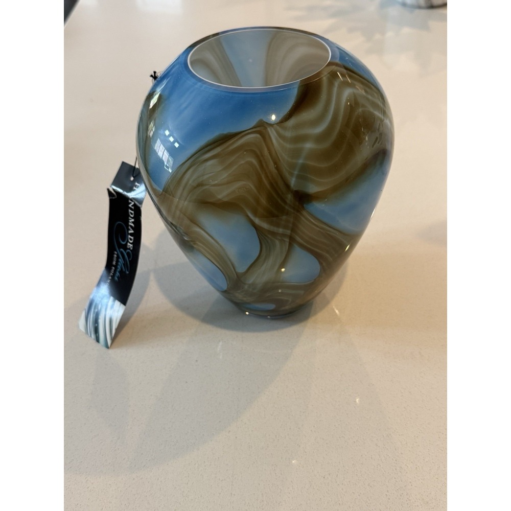 Handmade Art Glass Vase Swirl Blue Brown Poland New With Tag